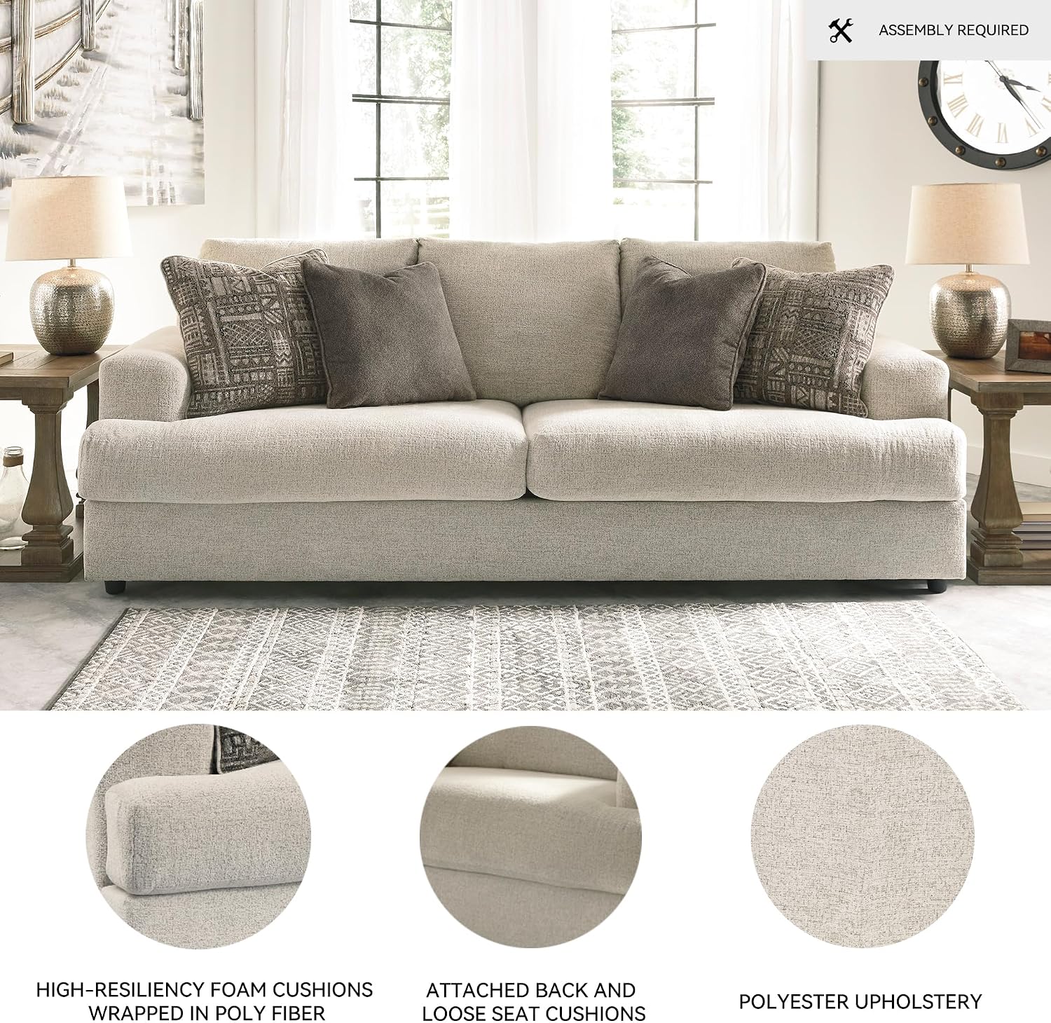 Signature Design by Ashley Soletren Contemporary Chenille Sofa with 4 Accent Pillows, Off-White