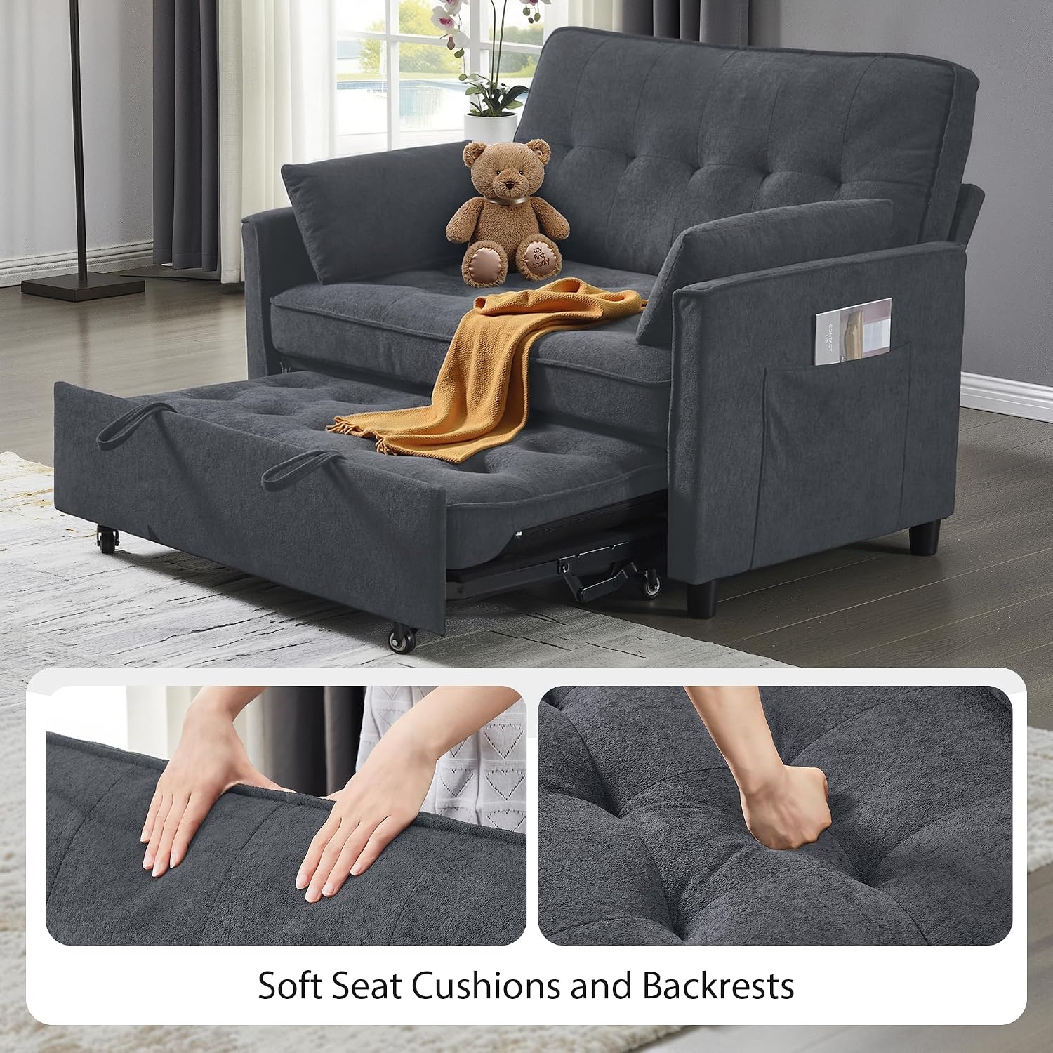 Convertible Sofa Bed, 3 in 1 Pull Out Couch, Loveseat Sleeper with Side Pocket, Living Room Sofa with Adjustable Backrest | USB Charging Port | Two Pillows | Fabric | Slate Gray