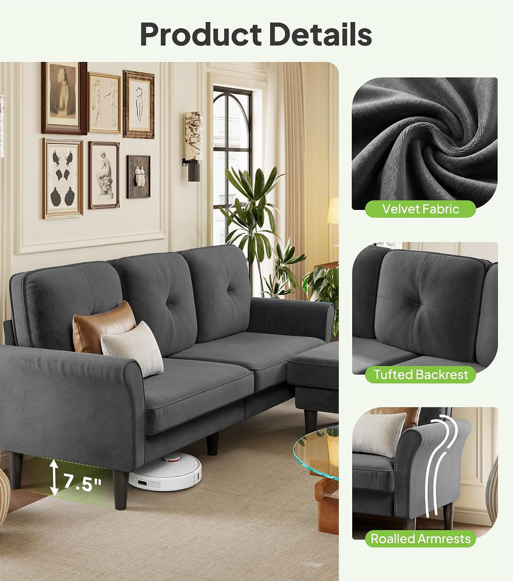 Welzona Sofas for Living Room, 83' Velvet Sectional Couch with Moveable Ottoman, Midcentury Modern Small Sectional Couch, L Shape Sofa & 2 Seater, Couches for Living Room, Apartment, Bedroom