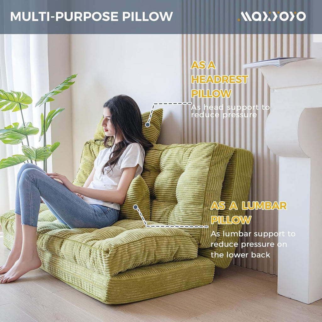 MAXYOYO Folding Sofa Bed, Tufted Bean Bag Bed with Pillows Floor Mattress for Adults, Extra Thick and Long Floor Sofa, Full Floor Couch Bed for Bedroom Living Room, Green, 54x91 Inch