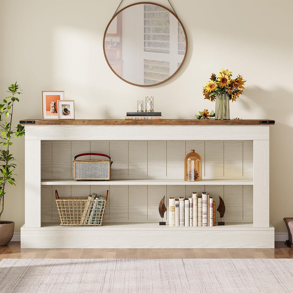 Tribesigns 63-Inch Long Console Table for Entryway, Narrow Long Entry Table with Shelves for Living Room, Farmhouse Sofa Console Behind Couch, for Foyer, Hallway, White and Brown