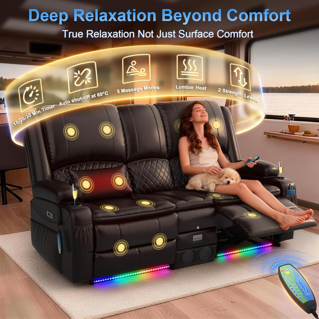 Power Recliner Loveseat Recliner with Massage and Lumbar Heating, Home Theater Reclining Loveseat with Flip Console, RV Couch Wall Hugger with 2 Speakers, Storage, USB, Outlet & LED (PU, Brown)