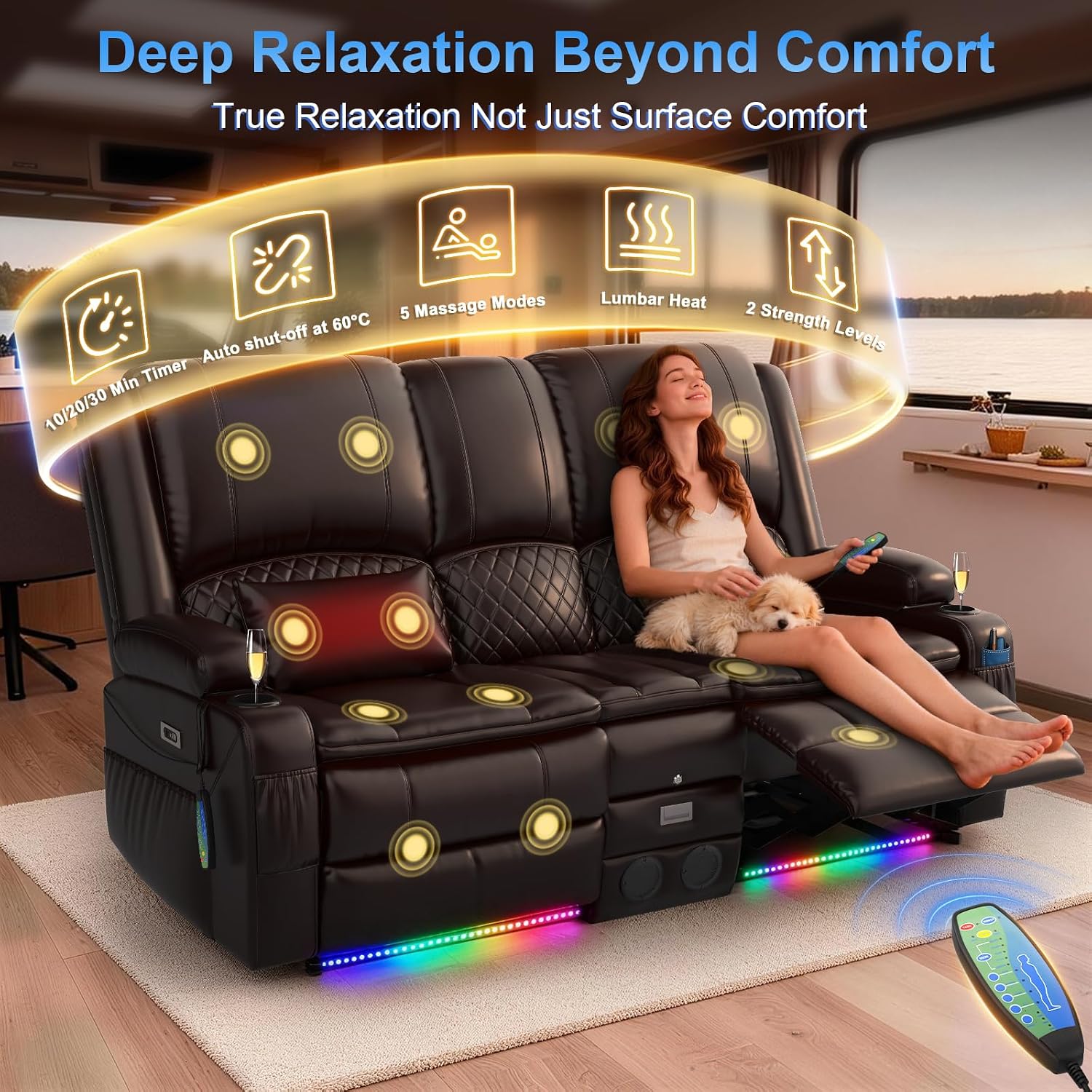 Power Recliner Loveseat Recliner with Massage and Lumbar Heating, Home Theater Reclining Loveseat with Flip Console, RV Couch Wall Hugger with 2 Speakers, Storage, USB, Outlet & LED (PU, Brown)