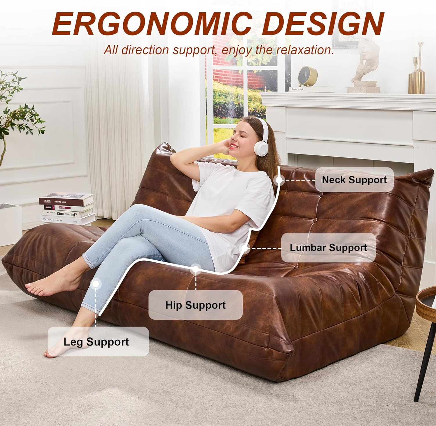 Hobestluk Bean Bag Chair Giant Bean Bag Sofa 3 Seater Bean Bag Chairs for Adults, Loveseat Floor Chair, Leather Bean Bag Chairs for Living Room Bedroom Office (Brown, 3-Seater)