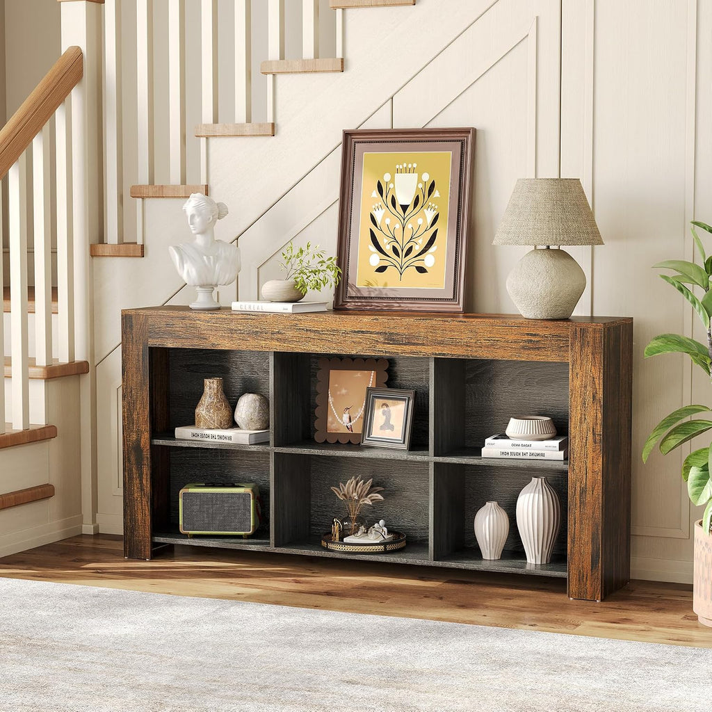 LITTLE TREE Console Table with Storage, 63-Inch Narrow Long Sofa Table, Entryway Table with 6 Cubes, Farmhouse Storage Shelves for Entryway, Living Room