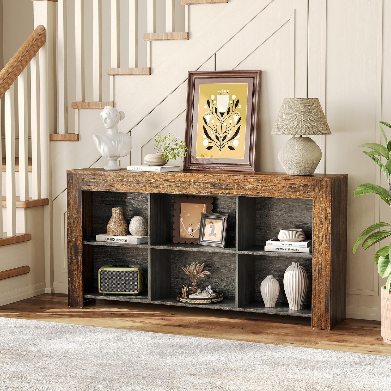 LITTLE TREE Console Table with Storage, 63-Inch Narrow Long Sofa Table, Entryway Table with 6 Cubes, Farmhouse Storage Shelves for Entryway, Living Room