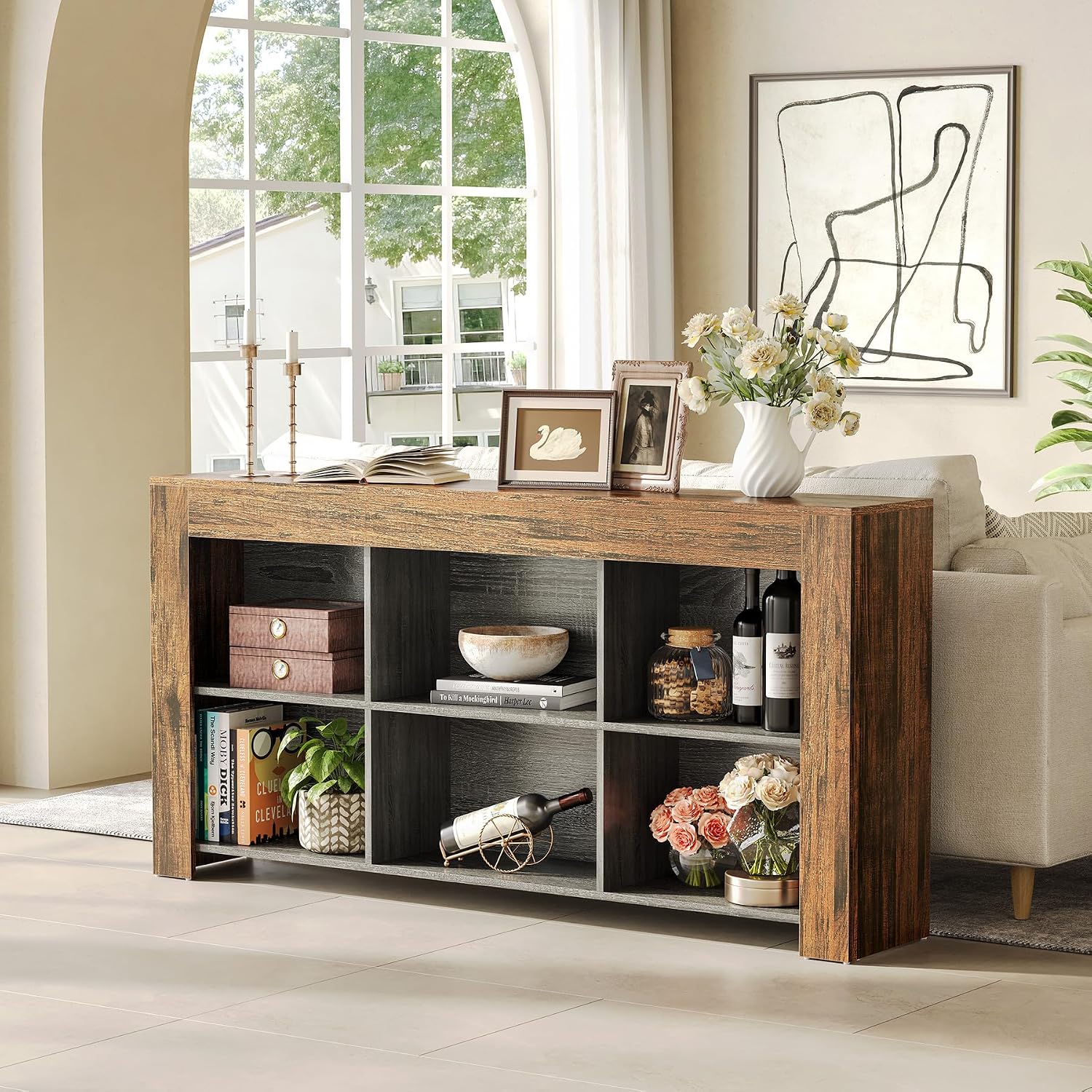 LITTLE TREE Console Table with Storage, 63-Inch Narrow Long Sofa Table, Entryway Table with 6 Cubes, Farmhouse Storage Shelves for Entryway, Living Room