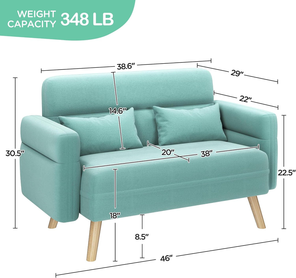Yaheetech 46' Small Modern Fabric Sofa Loveseat Mid Century 2 Seater Sofa Couch with Lumbar Pillows, Solid Wood Legs for Living Room, Small Space, Dorm, Office, Bedroom, Aquamarine