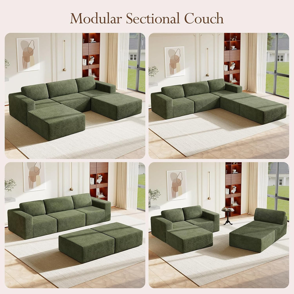 Vesgantti 119' Oversized U-Shaped Modular Sectional Sofa, Corduroy Cloud Couch with Deep Seating & Spring Support, Convertible Sofa with 2 Ottomans, Boneless Couch, No Assembly Required, Green