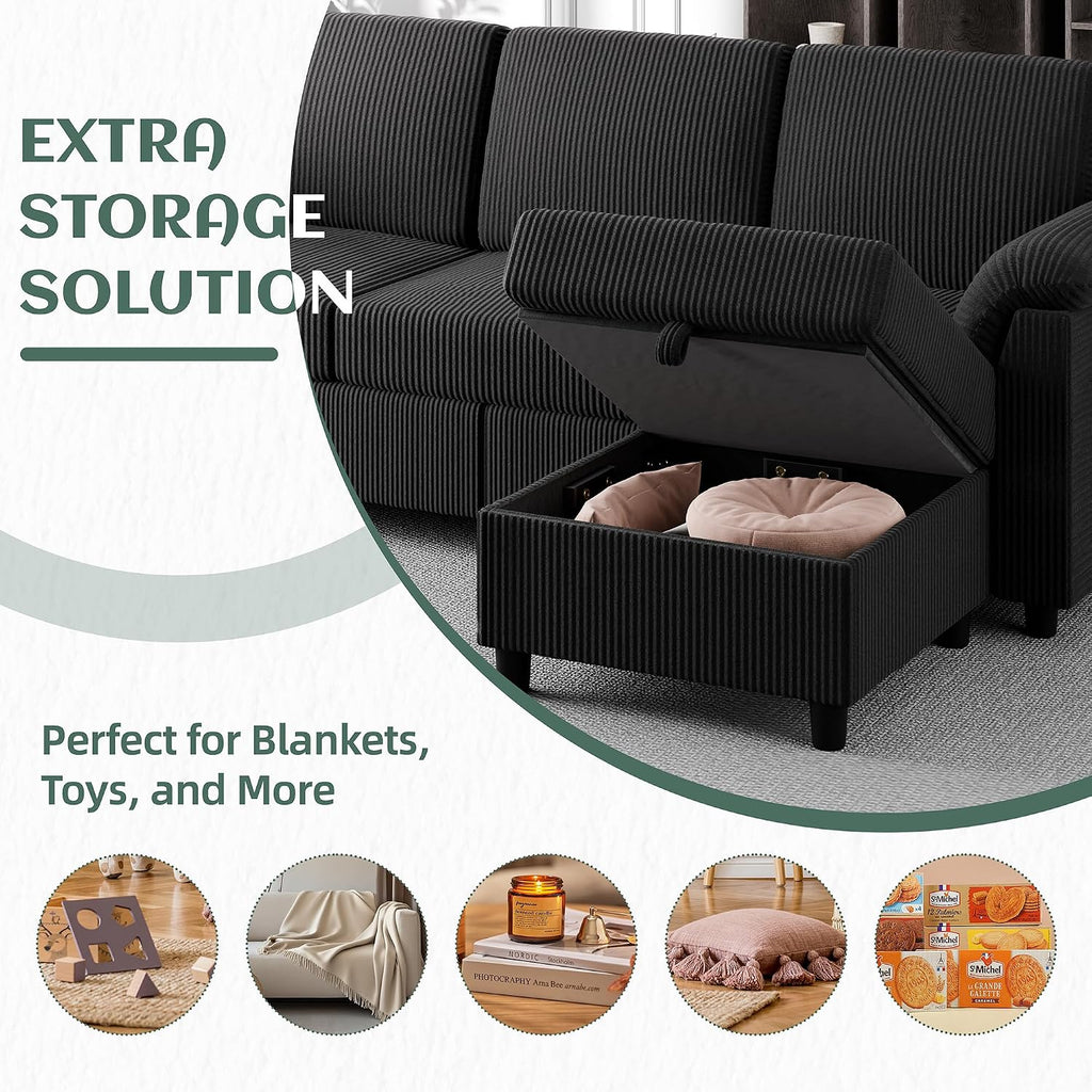 Vongrasig 79' Convertible Sectional Couch Sofa with Storage Ottoman, 3 Seat L Shaped Couch with Side Storage Pockage, Small Couches for Living Room, Apartment and Small Space, Black