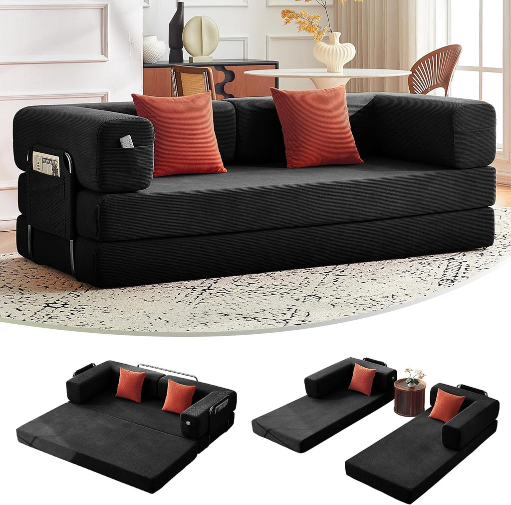 Carzzi-Life 79' Convertible Sofa Bed with Pillows, Corduroy Folding Sleeper Sofa with Fixed-Shape Frame, Boneless Couch for Living Room Bedroom, Floor Sofa Lounge No Assembly Required (Grey)