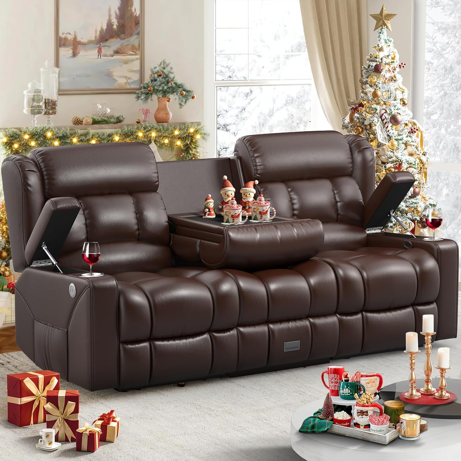 Dresegmt Loveseat Recliner Sofa, Flip Middle Backrest Design PU Leather 3 Seat Reclining Sofa with Storage Drawer, Manual Couch for Living Room (Brown)