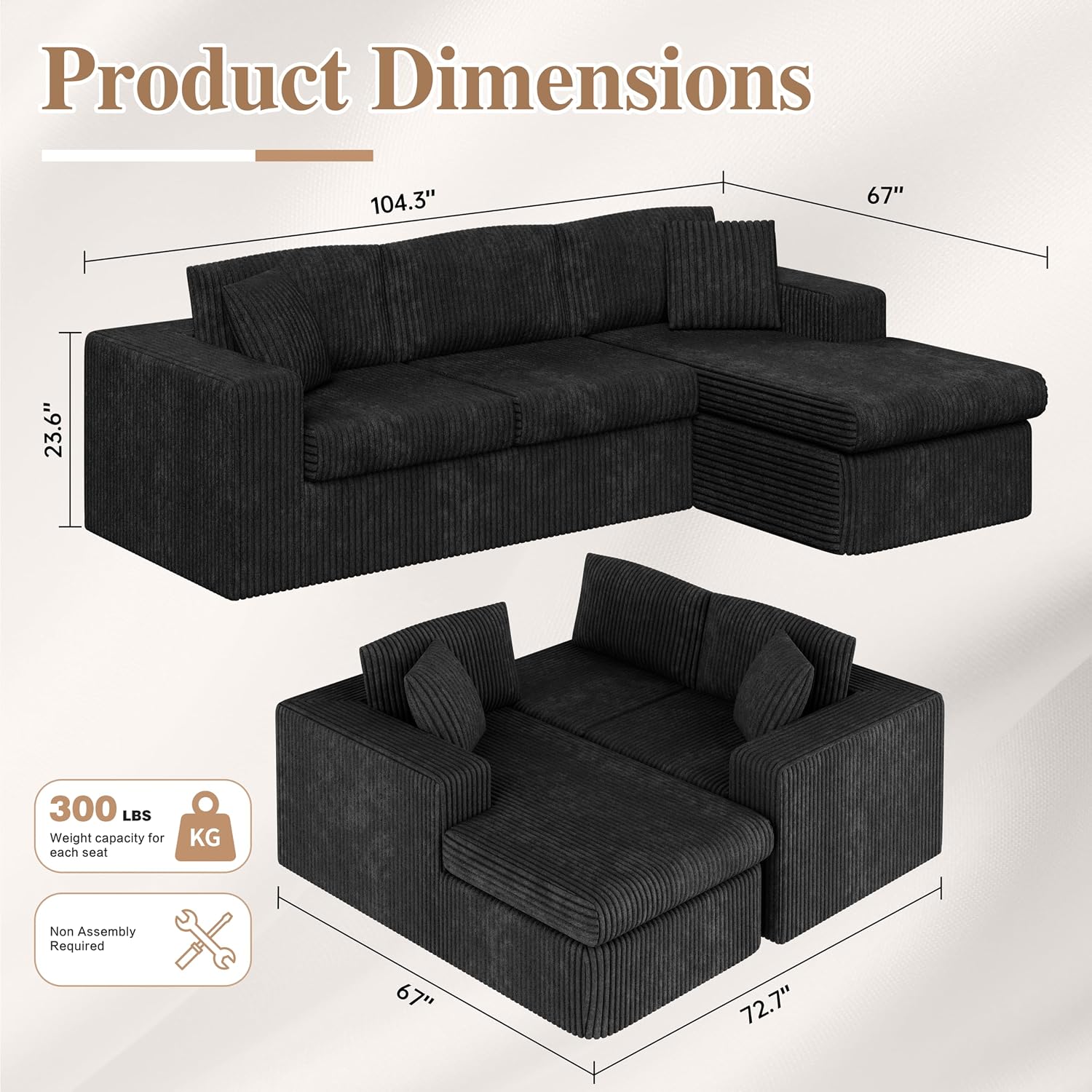 JAMFLY 105' Boneless Couches for Living Room Modular Sectional Sofa L-Shape Couch with Oversized Chaise, Cloud Couch Deep Seat Memory Foam Upholstered for Bedroom, Plush Corduroy Fabric,Night Black