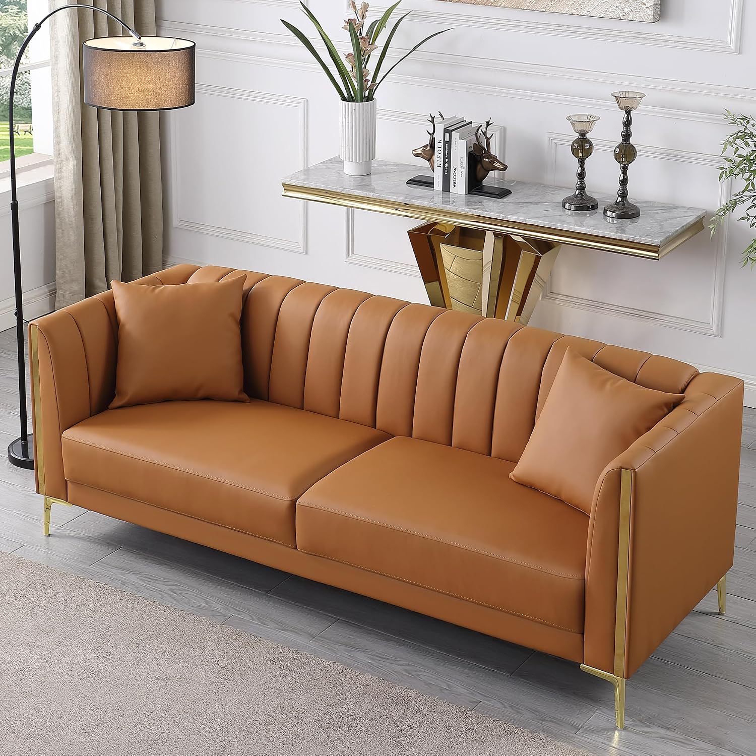 FOTOSOK Leather Couch Sofa, Office Couches 78'' Apartment Faux Leather Sofa with 2 Throw Pillows & Gold Metal Legs, Waterproof 3 Seater Couches for Small Living Room, Affordable Luxury Design