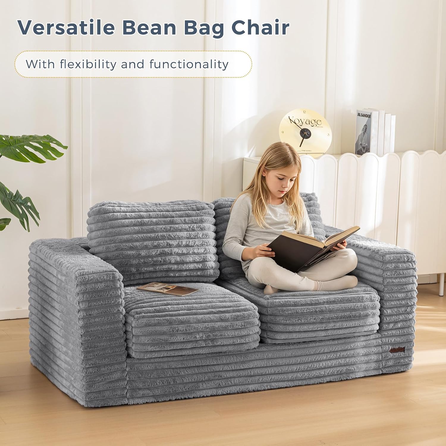 MAXYOYO Giant Bean Bag Chair for Adults, Upholstered Loveseat Floor Sofa with Pillows and Armrests, Large Bean Bag Sofa Plush Chair Bean Bag Couch for Bedroom Living Room, Grey