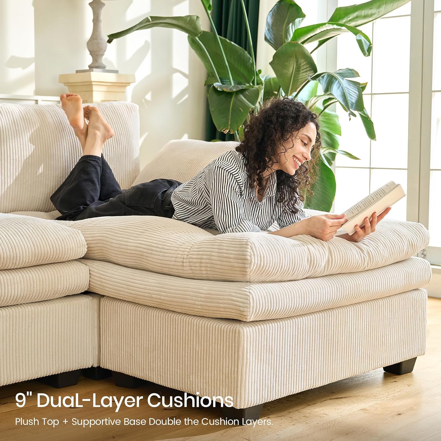 Belffin Large Modular Sectional Sofa with Double 61' Loveseat, Corduroy Corner Couch with 9' Soft Dual-Layer Seats Cushion for Living Room, Apartment, Small Sapce, Beige