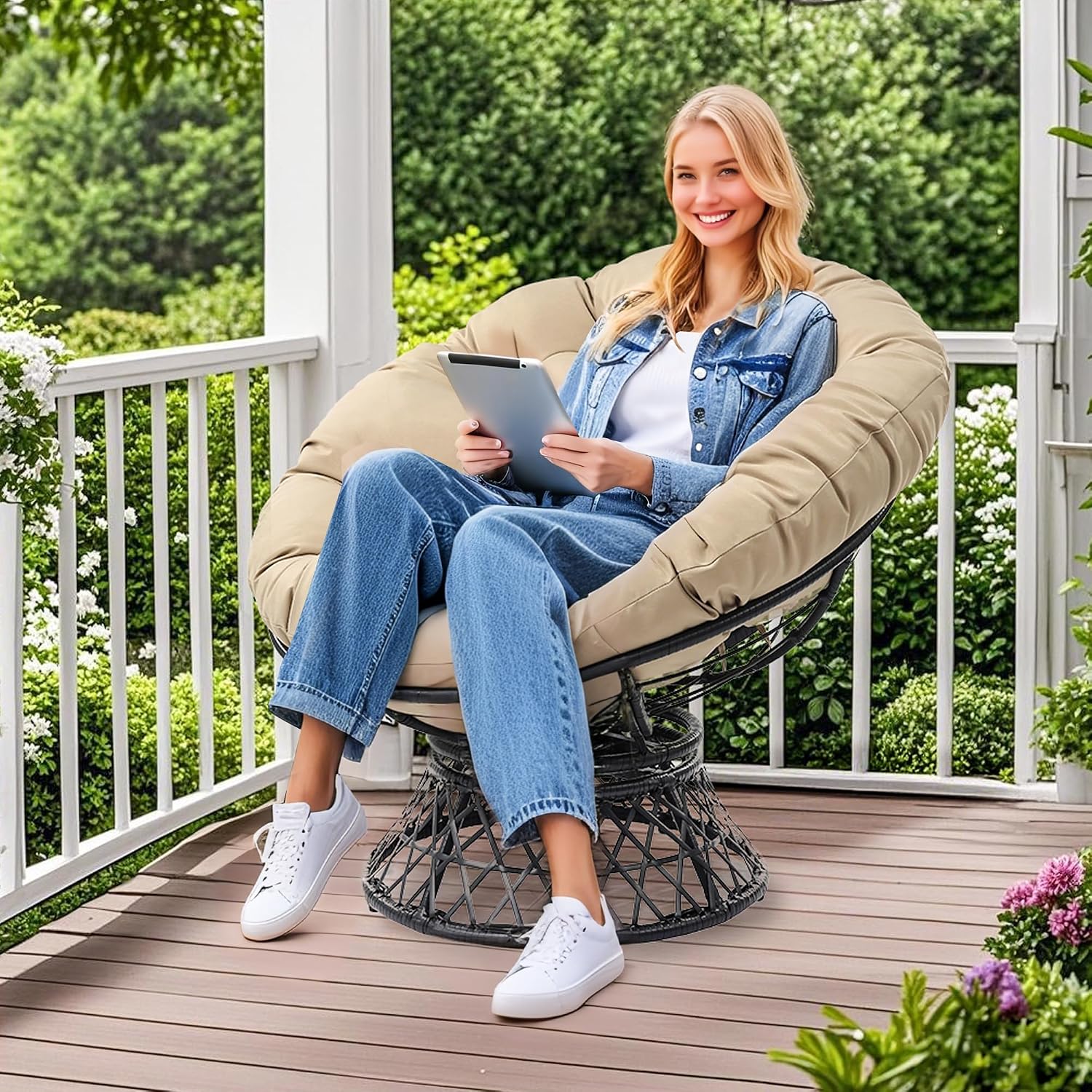 GLORY PATIO 360° Swivel Papasan Chair - 350lbs Capacity Indoor/Outdoor Wicker Lounge Chair with Thick Cushion, Modern Accent Chair for Living Room, Bedroom, Patio (White Frame & Orange Cushion)