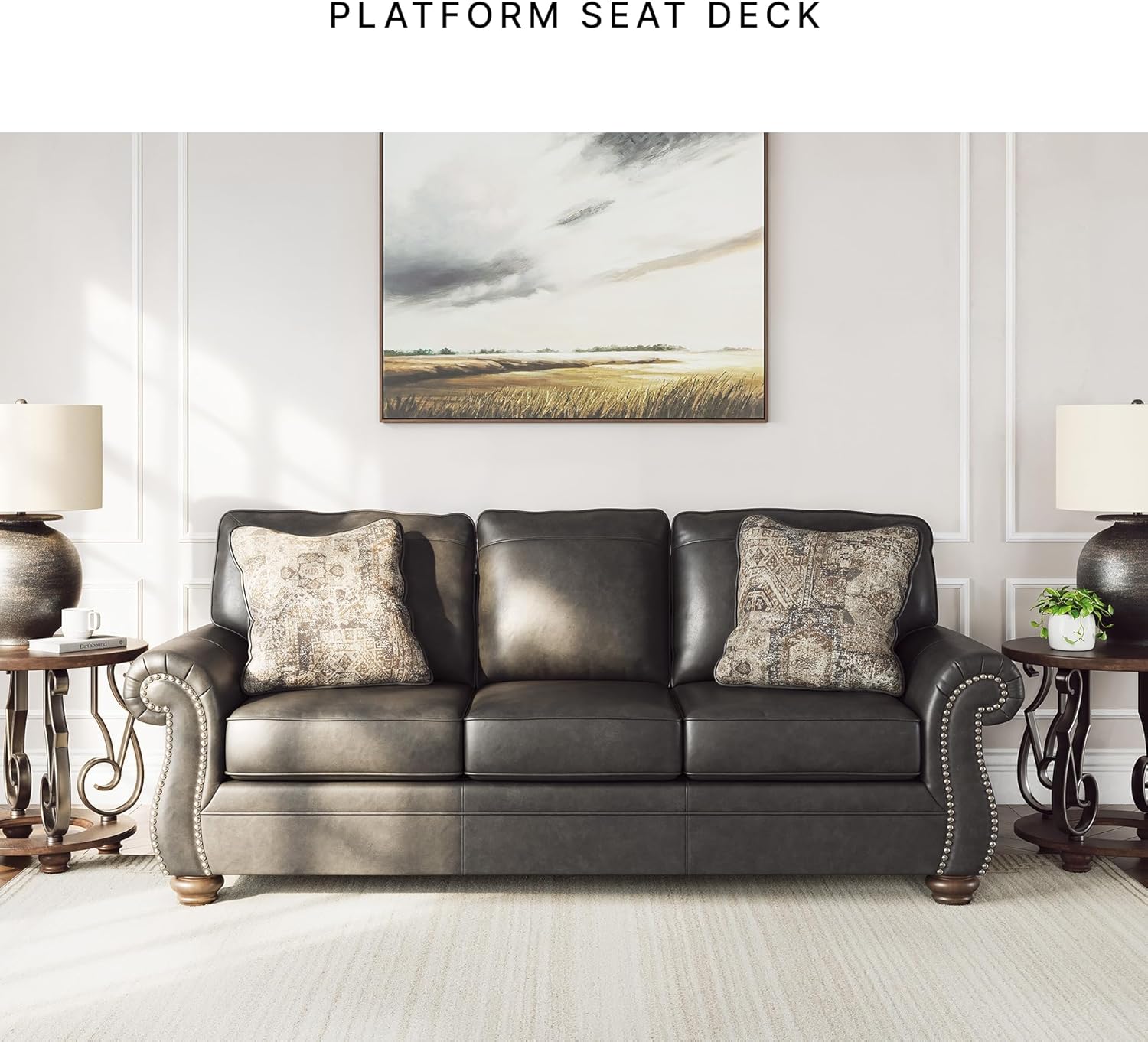 Signature Design by Ashley Shadsburne Rustic Faux Leather Sofa with Nailhead Trim and 2 Chenille Throw Pillows, Pillows with Soft Polyfill, Reinforced Frame for Added Stability, Black