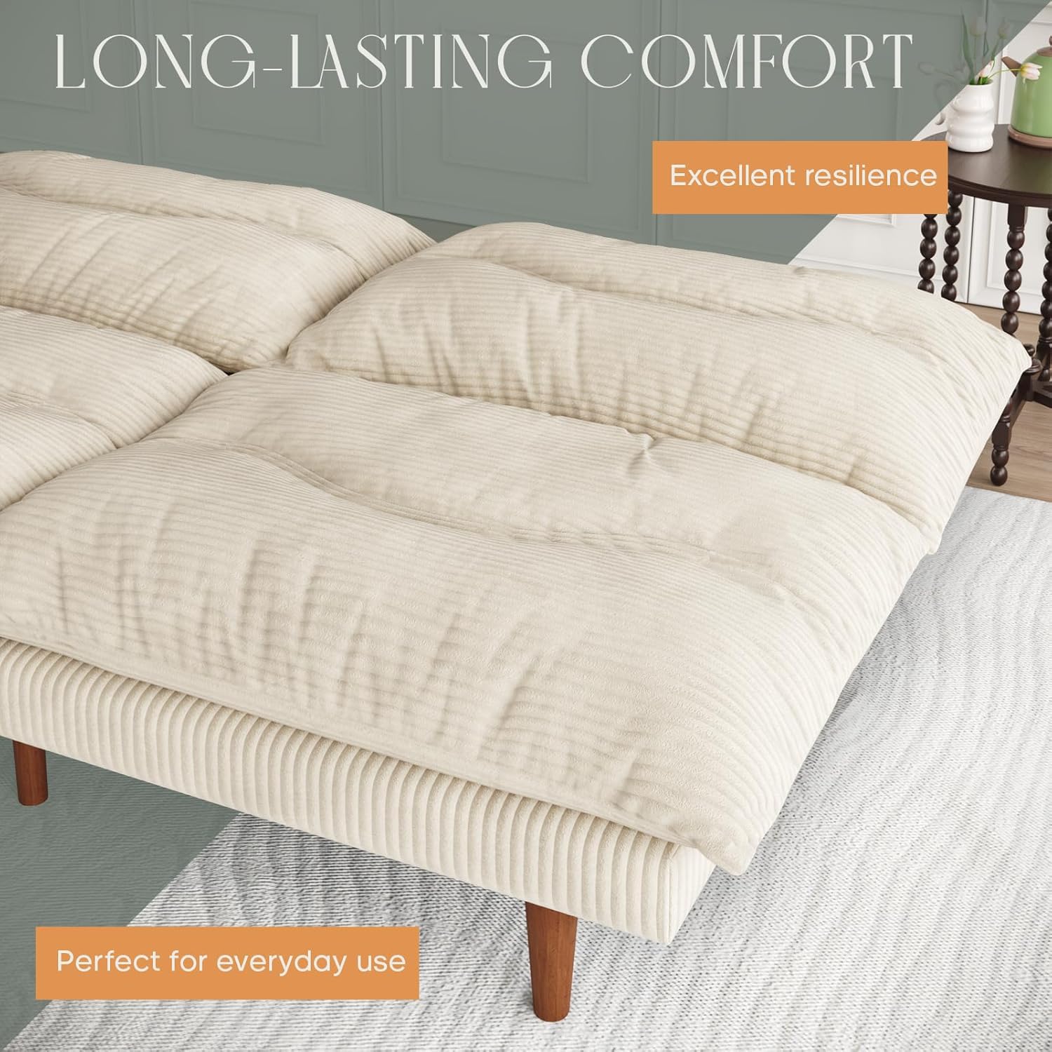 DreamDashio Futon Sofa Bed, 69 inch Futon Couch with Adjustable Backrest, Corduroy Convertible Sleeper Sofa Bed, Folding Sleeper Recliner for Apartment, Living Room, Office, Beige
