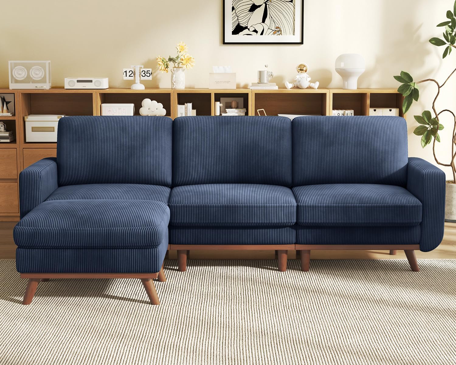 Vesgantti 97' Modular Sectional Sofa Dark Blue, L-Shaped Couch with Movable Ottoman, Comfy Corduroy Couch with Spring Cushion, Modular Sofa with Deep Seat for Living Room, Bedroom and Apartment