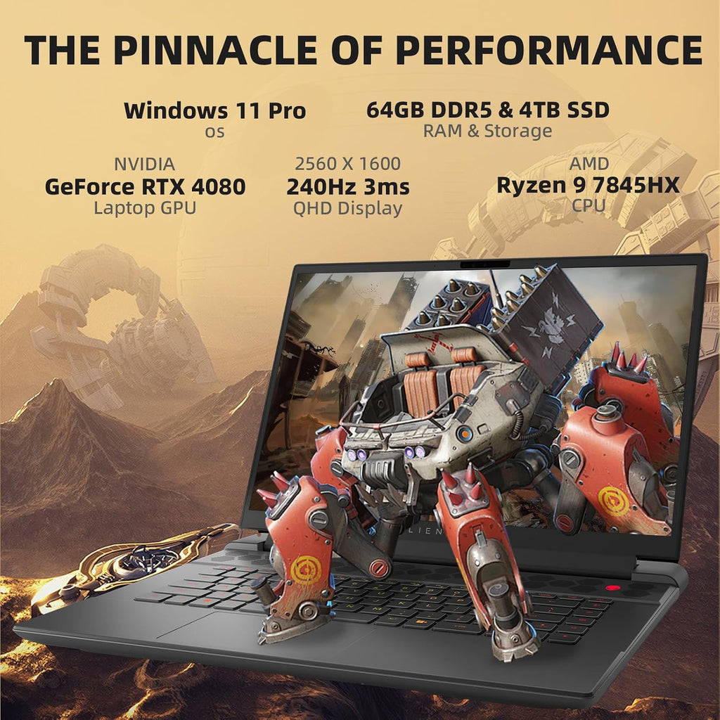 Alienware M16 Gaming Laptop Computer - 16' QHD+ 240Hz Display, AMD Ryzen 9 7845HX, NVIDIA RTX 4080, 32GB DDR5, 1TB SSD, Wi-Fi 6, Backlit Keyboard, Windows 11 Pro & Microsoft Office Lifetime License