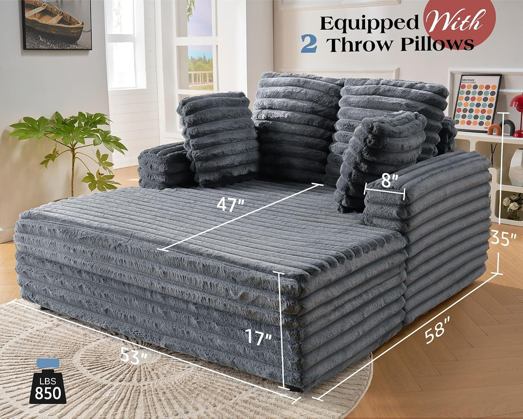 VanAcc 58-Inch Faux Fur Convertible Sofa Bed, Plush Chaise Lounge with Removable Pillows and Armrests for Living Room, Dark Grey