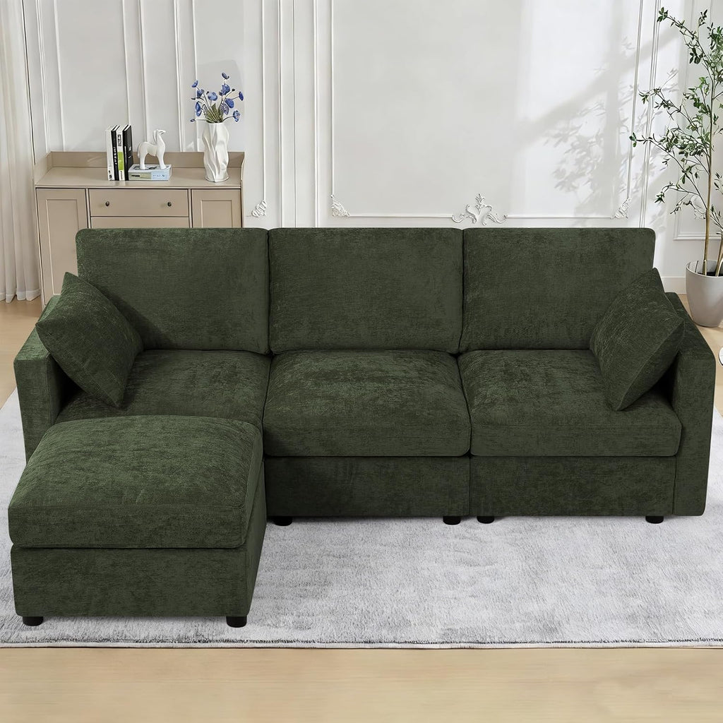 84' Chenille 3 Seats Sofa W/Movable Ottoman, Modern Fabric L Shaped Couch w/Soft Backrest, Upholstered Sectional Sofa with Armrest Pillows for Living Room, Office, Green