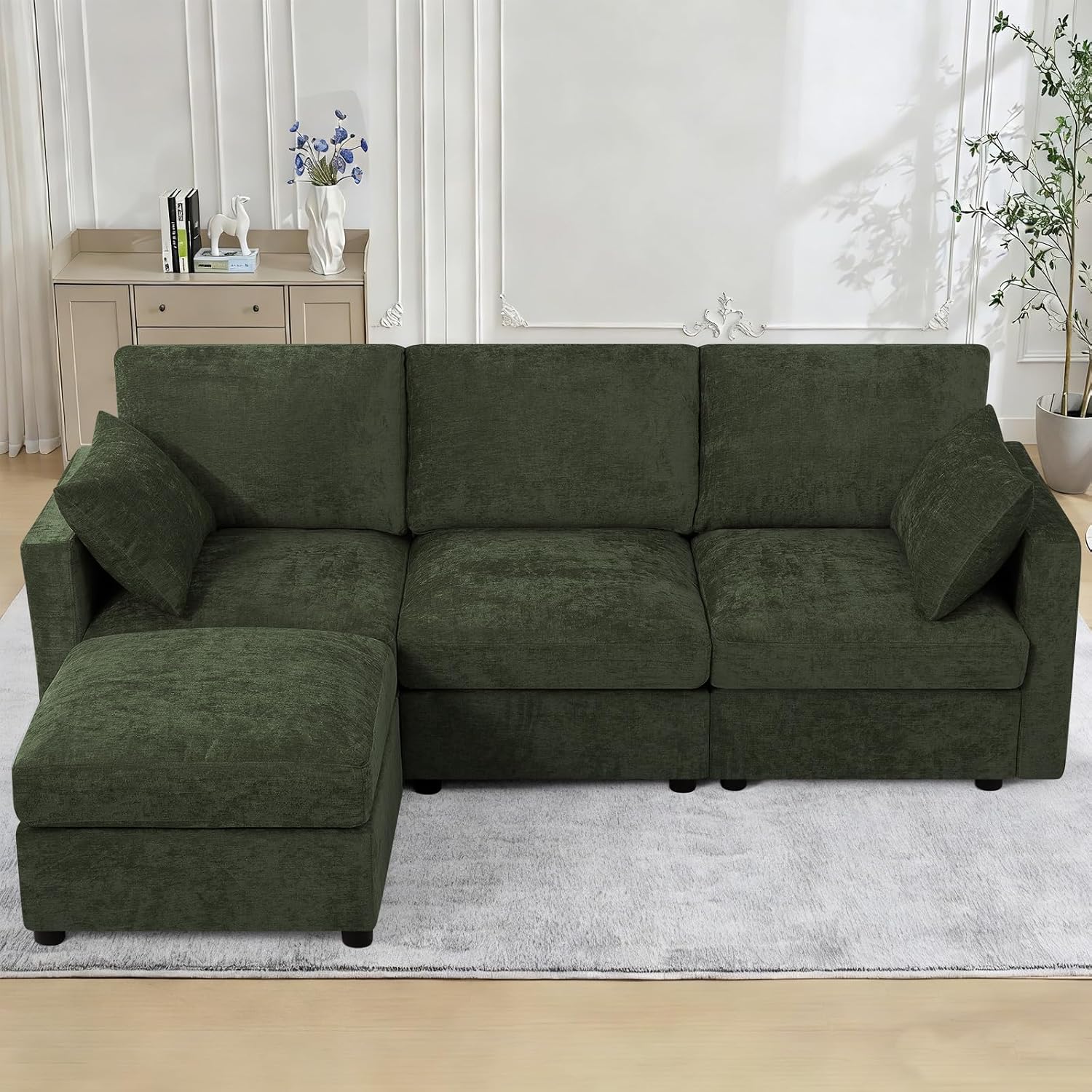 84' Chenille 3 Seats Sofa W/Movable Ottoman, Modern Fabric L Shaped Couch w/Soft Backrest, Upholstered Sectional Sofa with Armrest Pillows for Living Room, Office, Green
