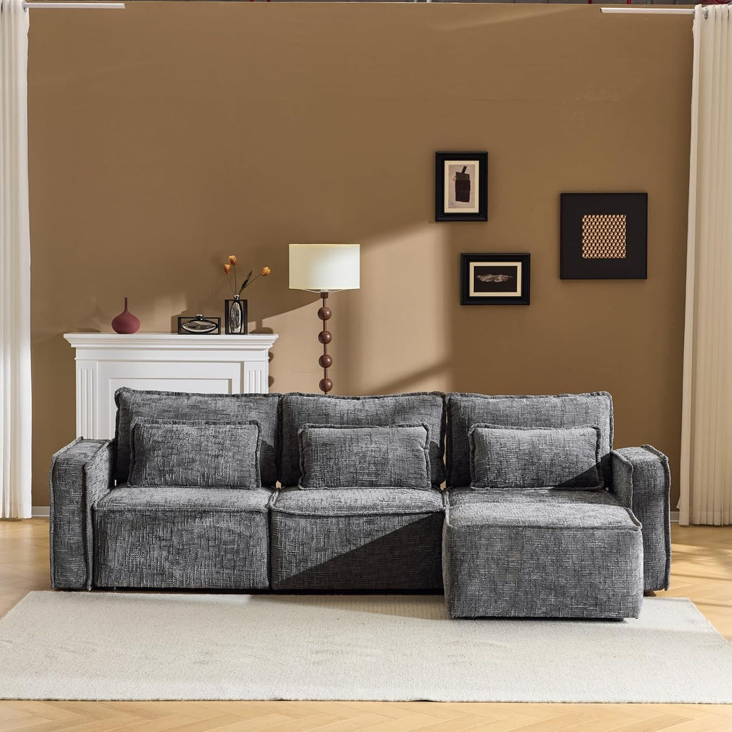VINGLI 111' Convertible Modular Sectional Sofa,Comfortable L Shaped Reversible Couch with Ottoman, Removable 3 Seater Boneless Modern Couch, Durable Chenille Cloud Sofa for Living Room,Grey