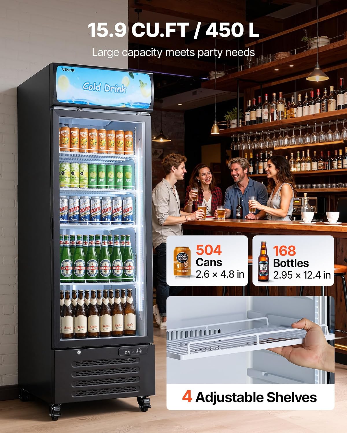 VEVOR Commercial Merchandiser Refrigerator, 15.9 Cu.Ft / 450 L Glass Door Display Refrigerator, Upright Beverage Cooler with Customizable Lightbox, 4 Adjustable Shelves & Soft LED Light for Home Shops