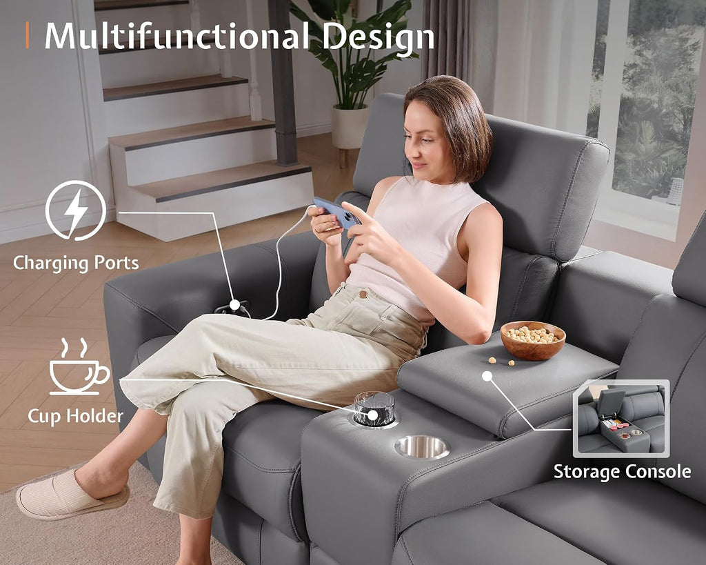 AMERLIFE Power Recliner Sectional Sofa with Storage/USB Port, Leather Recliner Sofa with Adjustable Headrest, Reclining Sectional Couches with Console and Cup Holder for Living Room (Gray, 5-Seater)