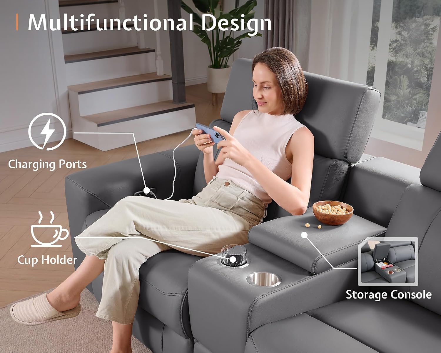 AMERLIFE Power Recliner Sectional Sofa with Storage/USB Port, Leather Recliner Sofa with Adjustable Headrest, Reclining Sectional Couches with Console and Cup Holder for Living Room (Gray, 5-Seater)