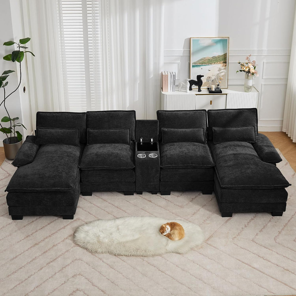 125'' U Shaped Cloud Modular Sofa with Chaise Lounges, Chenille Upholstered Comfy Sectional Couch with Storage Console, USB Charging Ports & Cup Holders, Small Deep Seat Sofa for Living Room, Black