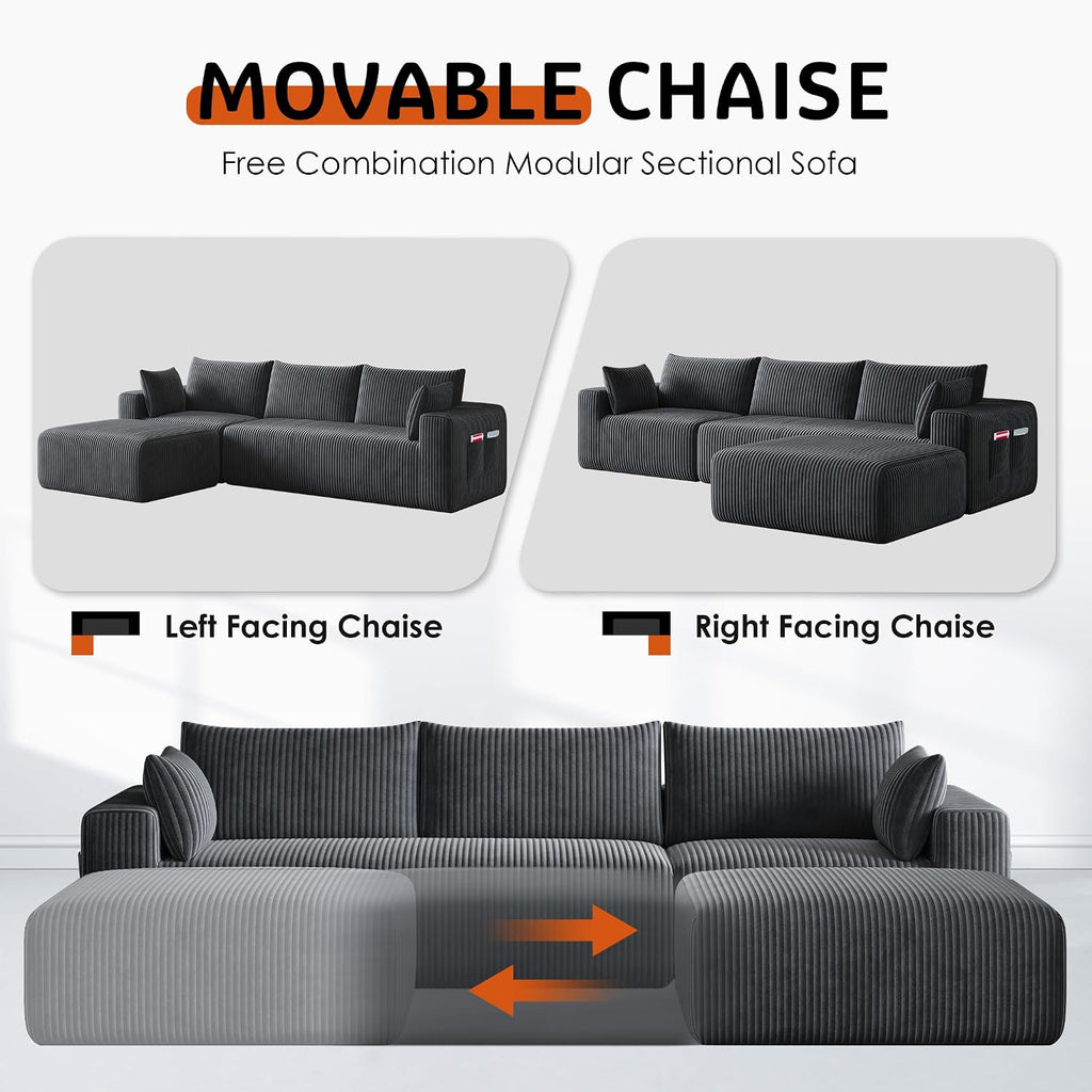 108' Cloud Couch Modular Sectional Sofa for Living Room,L Shaped Boneless Couch with Deep Seat Chaise,No Assembly Required Foam Sleeper Sofa for Apartments,Plush Corduroy Fabric, Dark Gray