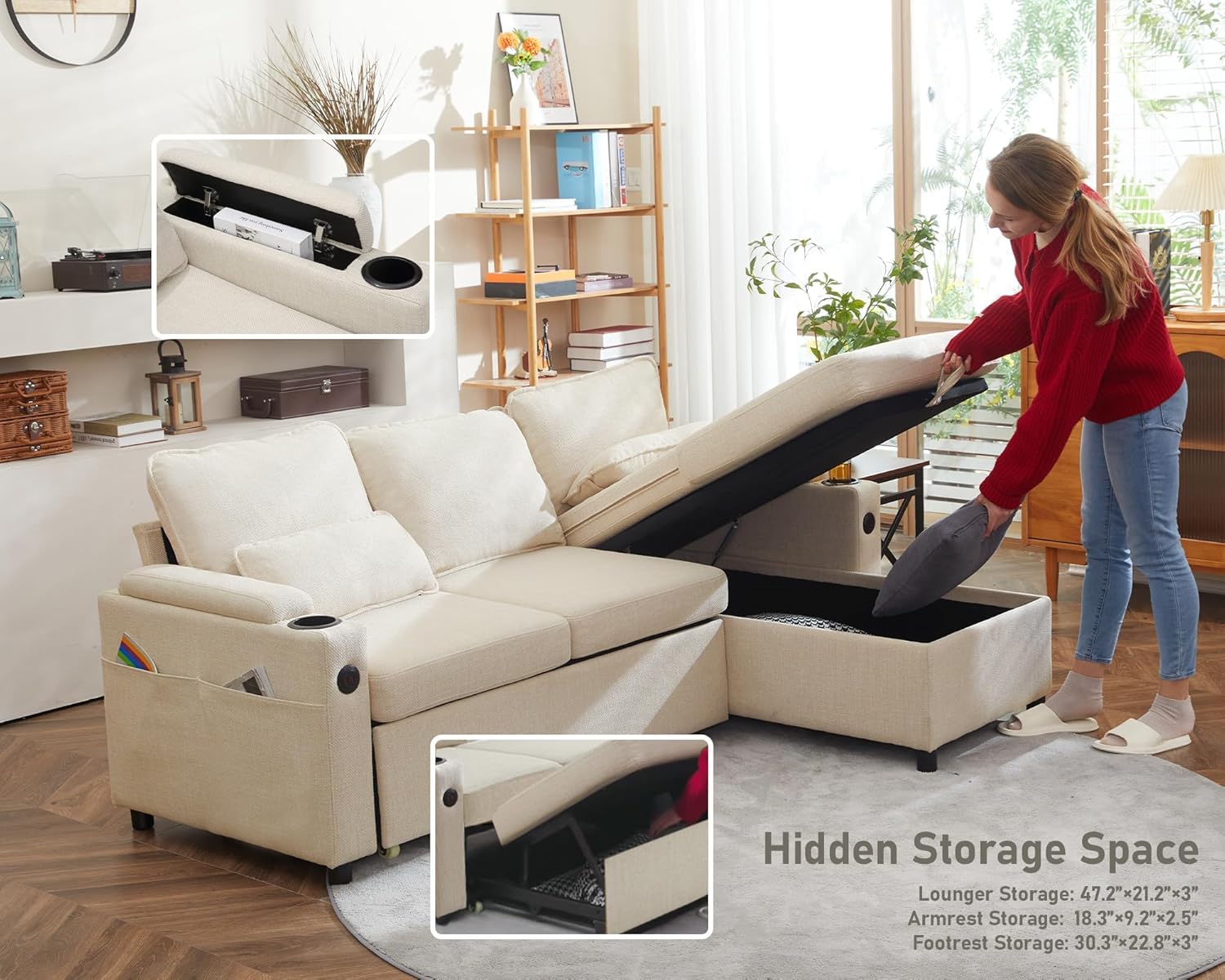 DURASPACE Sofa Bed Sleeper Pull Out 2 in 1 Sectional Sleeper Sofa Couches with Storage,USB, Cup Holder,Pullout Sectional Couches for Apartment Living Room (Beige)