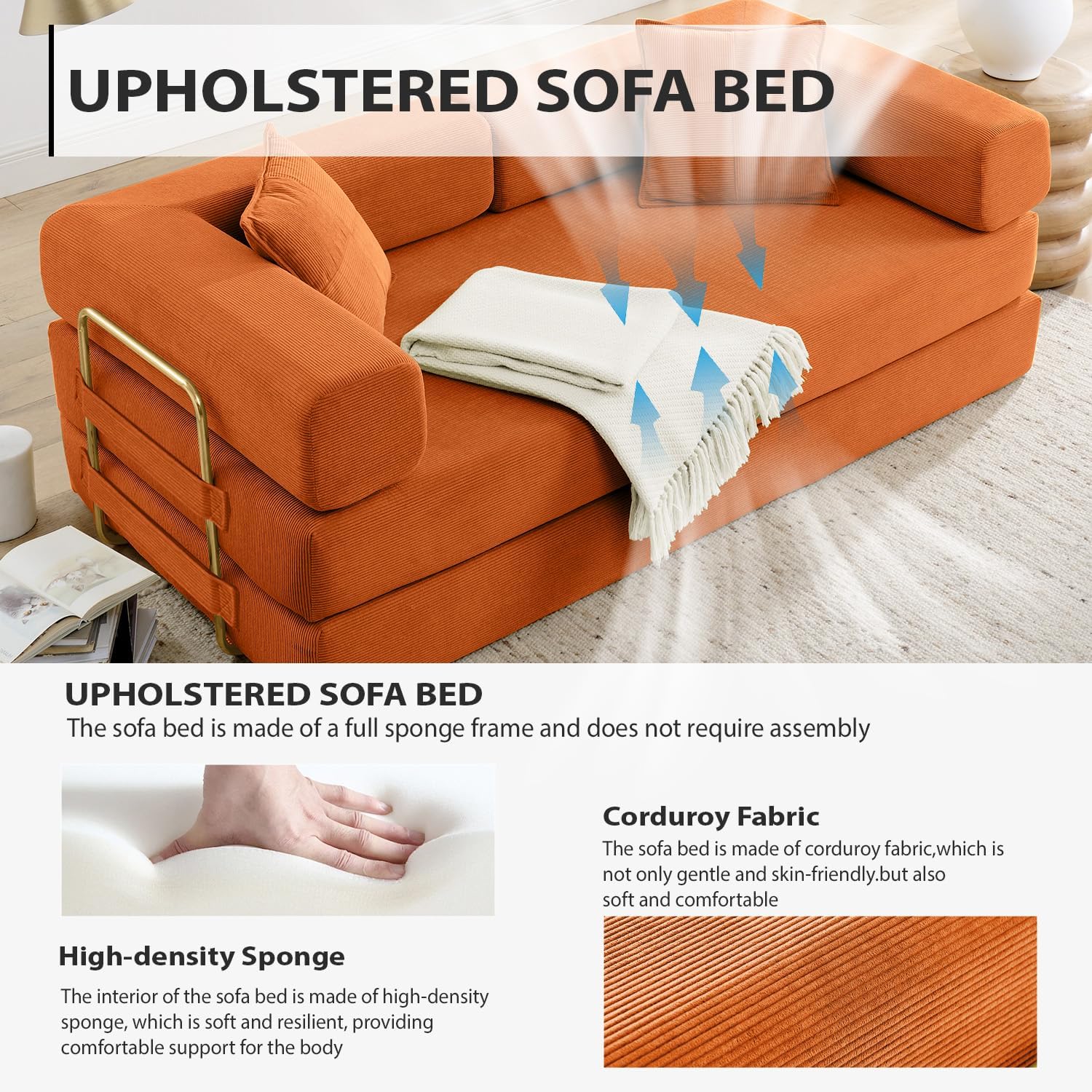 4-in-1 Folding Convertible Sofa Bed, 78 Inch Boneless Couch with Fixed-Shape Frame, Corduroy Loveseat Sleeper with Pull Out Bed, Floor Sofa Modular Futon Couch for Living Room Bedroom Lounge (Orange)