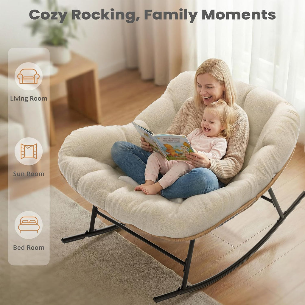 Easyego Oversized Papasan Rocking Chair Indoor Outdoor Use, Comfortable Wicker Rocker with Cozy Thicken Cushion for Deck, Balcony, Poolside, Lawn, Bedroom, Living Room, White