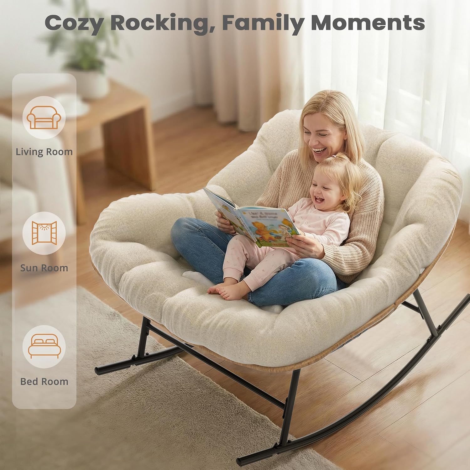 Easyego Oversized Papasan Rocking Chair Indoor Outdoor Use, Comfortable Wicker Rocker with Cozy Thicken Cushion for Deck, Balcony, Poolside, Lawn, Bedroom, Living Room, White
