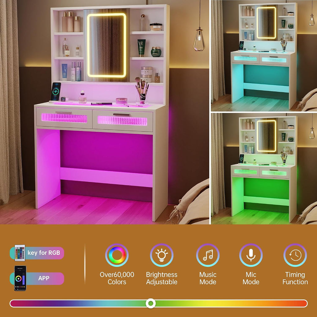 Hadulcet 35.5' Small Vanity Desk with Mirror and Lights, White LED Makeup Vanity Desk with 2 Acrylic Drawers, 6 Storage Shelves and Power Outlets for Girls Women Dressing Room