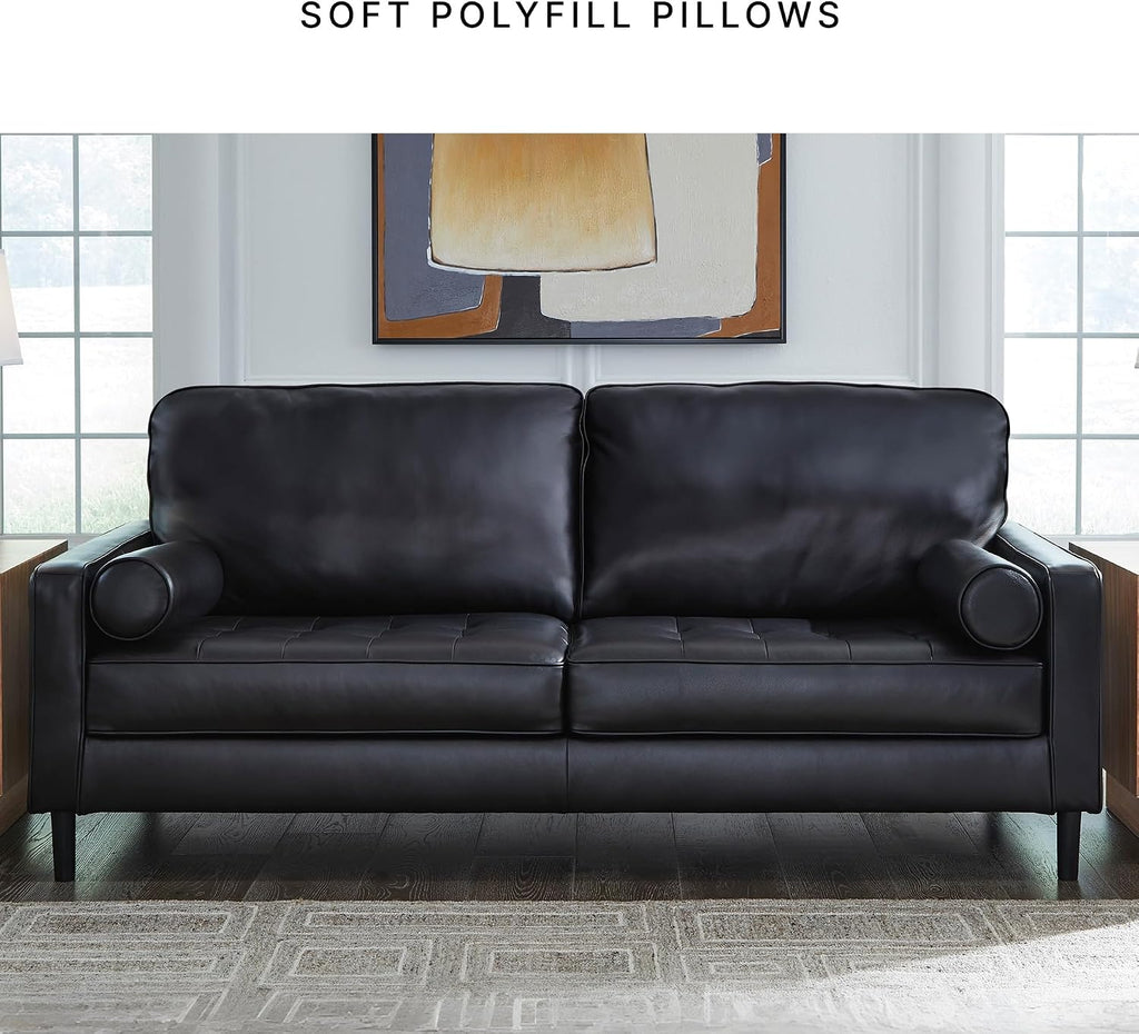 Signature Design by Ashley Bryceview Contemporary Leather Match Tufted Sofa with 2 Bolster Pillows, Black