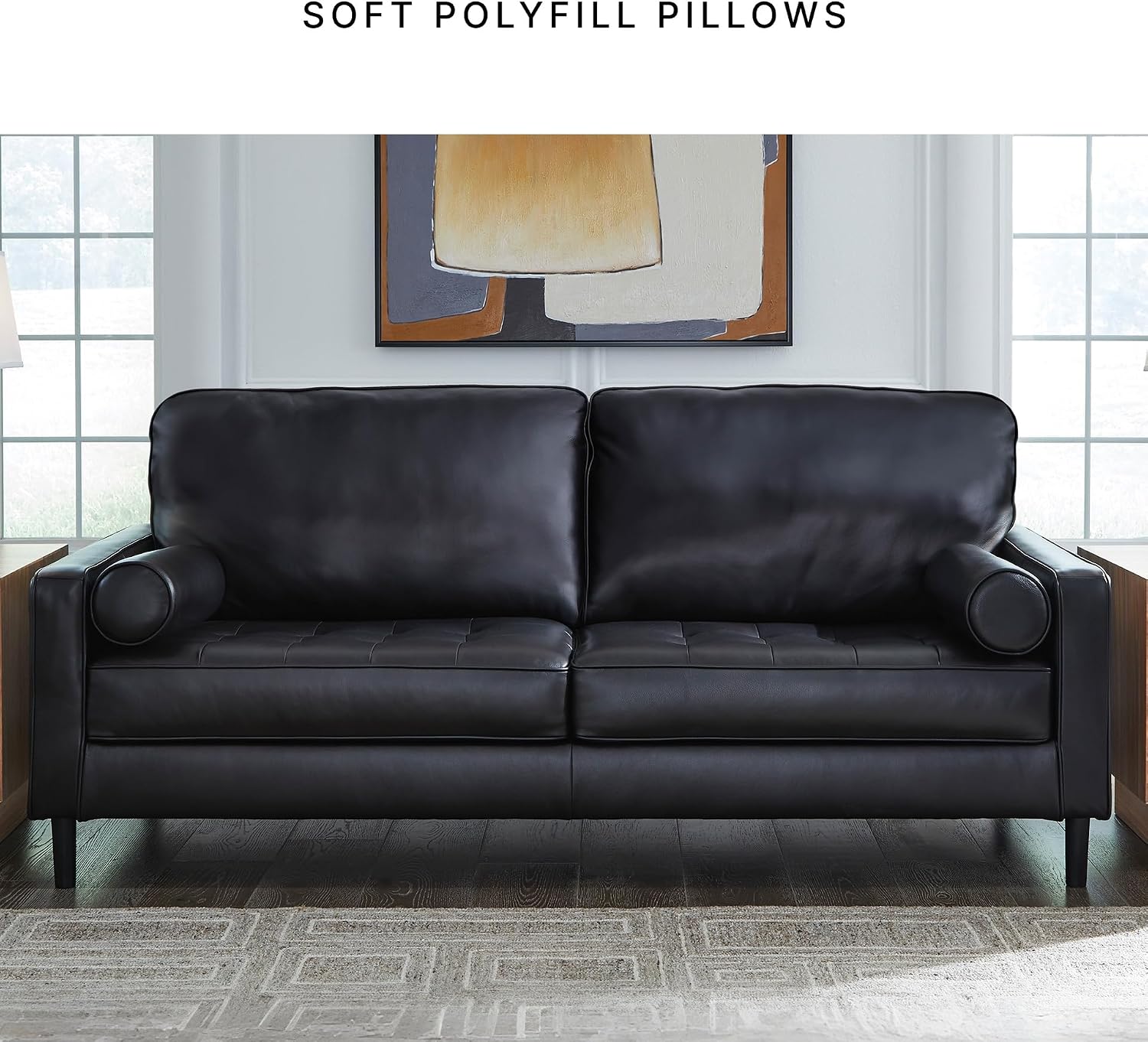 Signature Design by Ashley Bryceview Contemporary Leather Match Tufted Sofa with 2 Bolster Pillows, Black