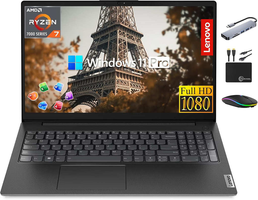 Lenovo V15 Business Laptop Premium, 15.6' FHD Display, Lifetime MS Office, 8-Core AMD Ryzen 7 7730U, 16GB RAM, 1TB Storage (512GB SSD + 500GB Ext), Wi-Fi 6, RJ-45 NumPad, MarxsolAccessory, Win 11 Pro