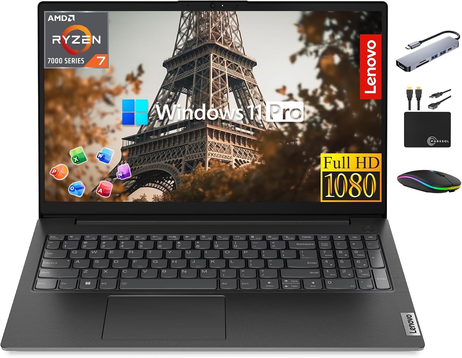 Lenovo V15 Business Laptop Premium, 15.6' FHD Display, Lifetime MS Office, 8-Core AMD Ryzen 7 7730U, 16GB RAM, 1TB Storage (512GB SSD + 500GB Ext), Wi-Fi 6, RJ-45 NumPad, MarxsolAccessory, Win 11 Pro