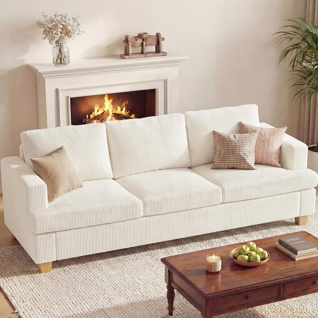 Apicizon 89' 3-Seater Sofa Couch for Living Room, Modern Sofa with Removerable Cover for Apartment Lounge, Comfy Corduroy Sleeper Couch, White