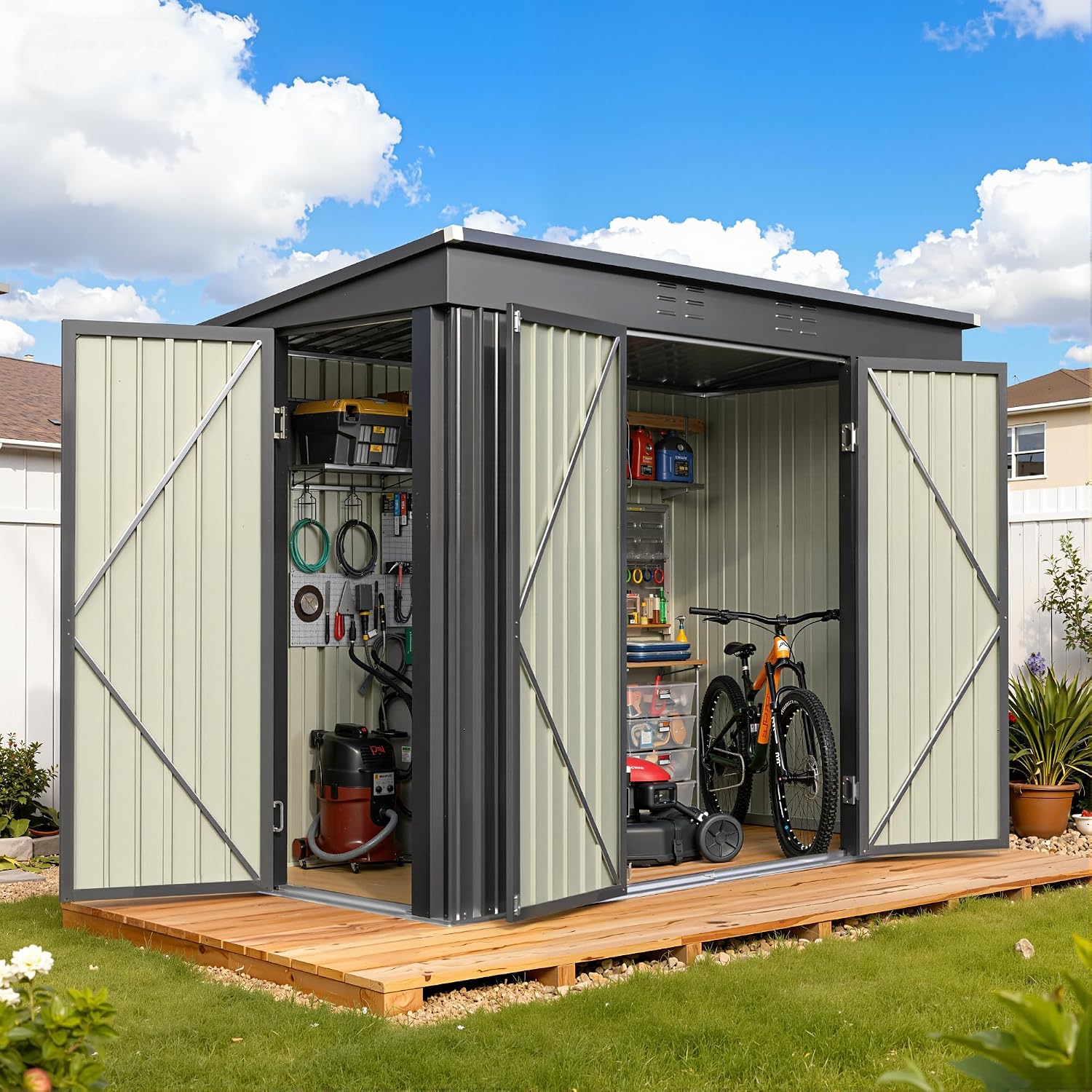 Greesum 8x4FT Outdoor Storage Shed, Metal Shed with Triple Lockable Door, Utility Tool Storaged Garden Shed with Slopping Roof for Patio Storage, Black