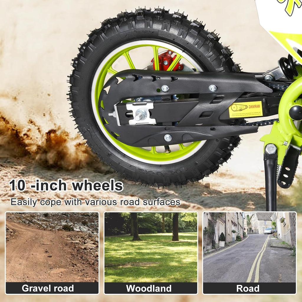 50cc Kids Dirt Bike | Gas Powered Mini Motorcycle for Ages 8-14 with 10' Off-Road Tires & Front-Rear Disc Brakes Green B
