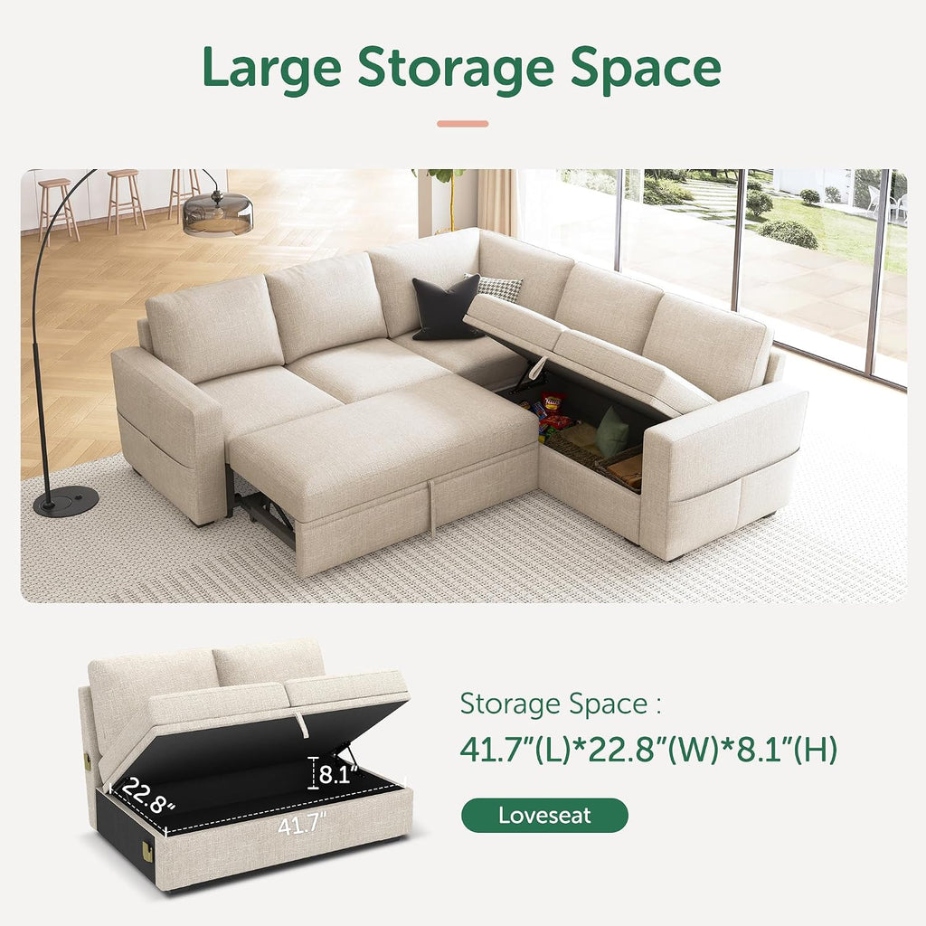 HONBAY Modular Sectional Sleeper Sofa with Pull Out Bed, L Shaped Couch with Storage Seat, Convertible Sectional Couches for Living Room, Beige