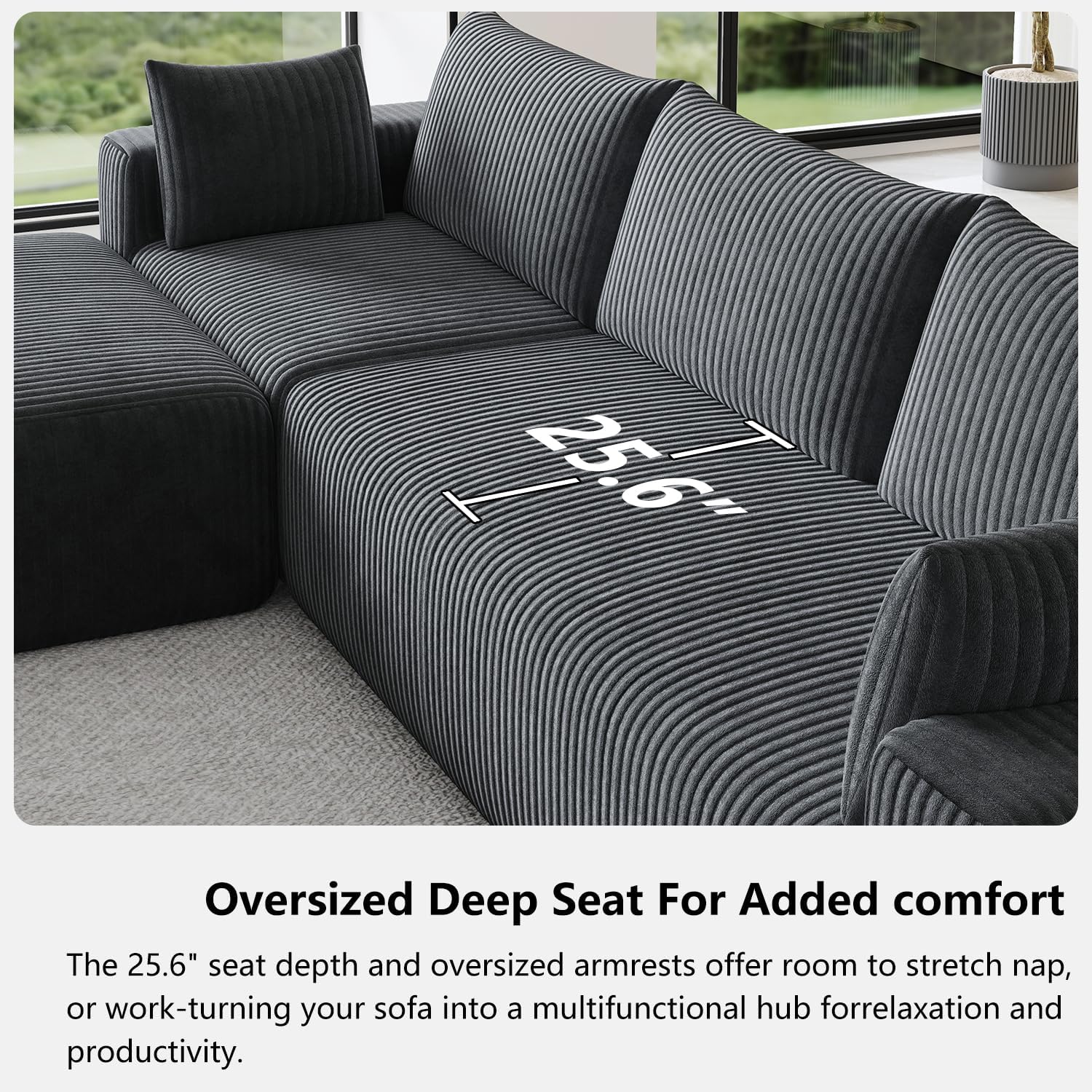 108' Cloud Couch Modular Sectional Sofa for Living Room,L Shaped Boneless Couch with Deep Seat Chaise,No Assembly Required Foam Sleeper Sofa for Apartments,Plush Corduroy Fabric, Dark Gray