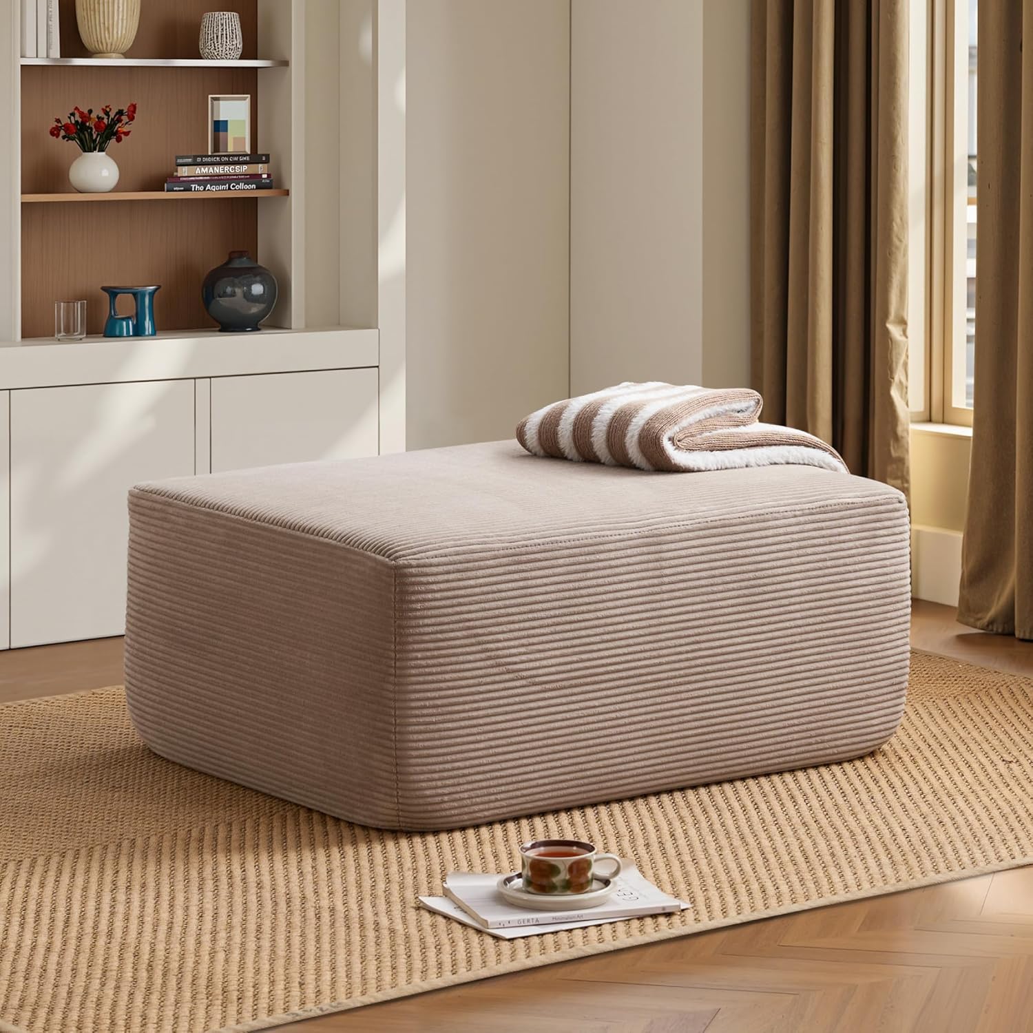 ovios 37' Corduroy Ottoman, Upholstered Cloud Ottoman for Boneless Couch in a Box, Modular Sectional Couches for Living Room Bedroom, Compressed Memory Foam, No Assembly Require, Beige