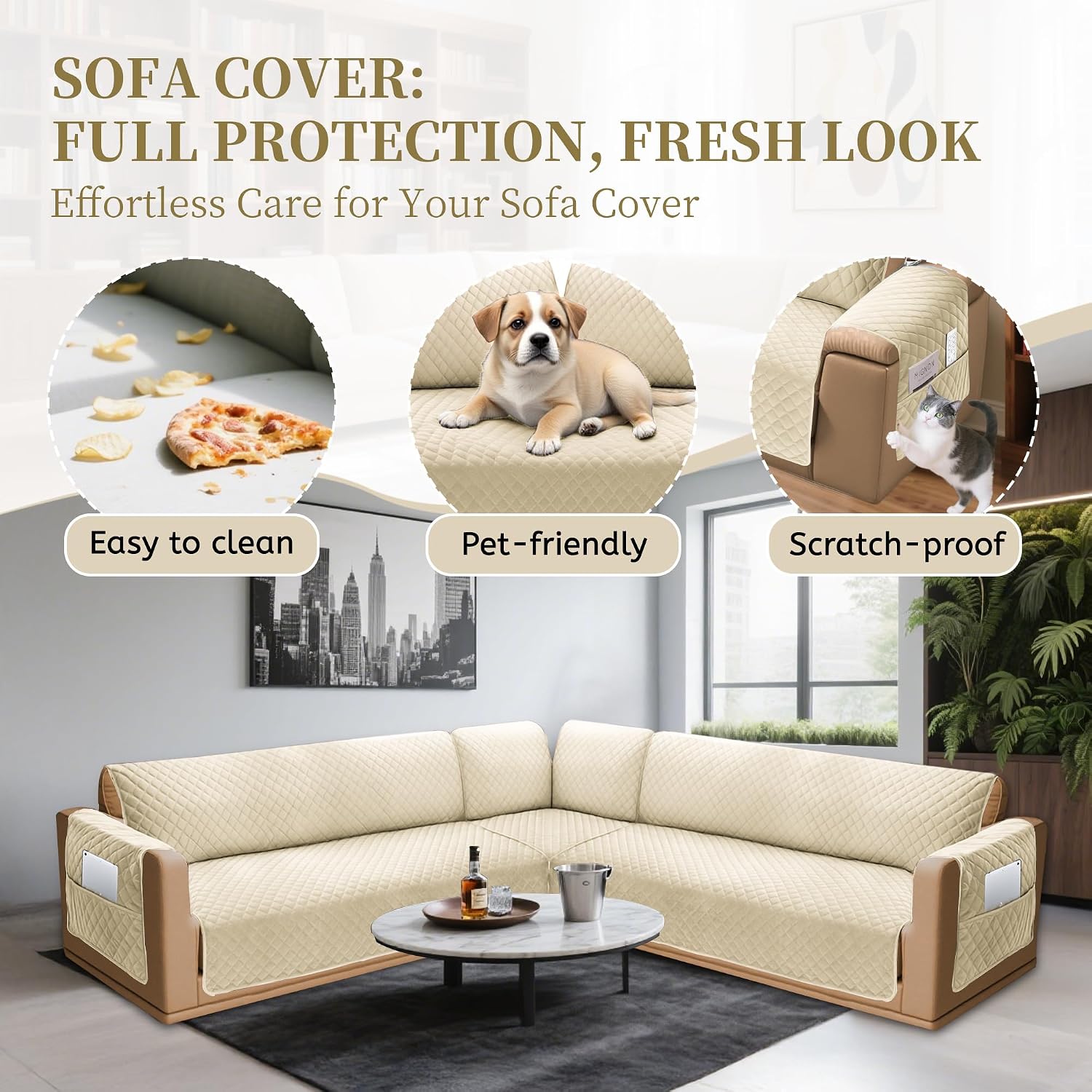 Sectional Couch Covers for Dogs 100% Waterproof Corner L Shaped Sofa Cover Pet Friendly Velvet Washable Anti Slip L Shape Modular Sofa Slipcover Protector with Pockets (Beige, X-Large)